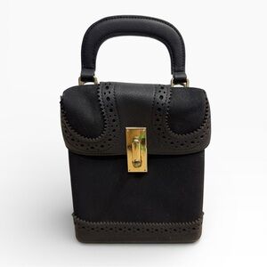 Black Faux Suede Mini Bucket Bag Cutout Detail Top Handle Gold Clasp